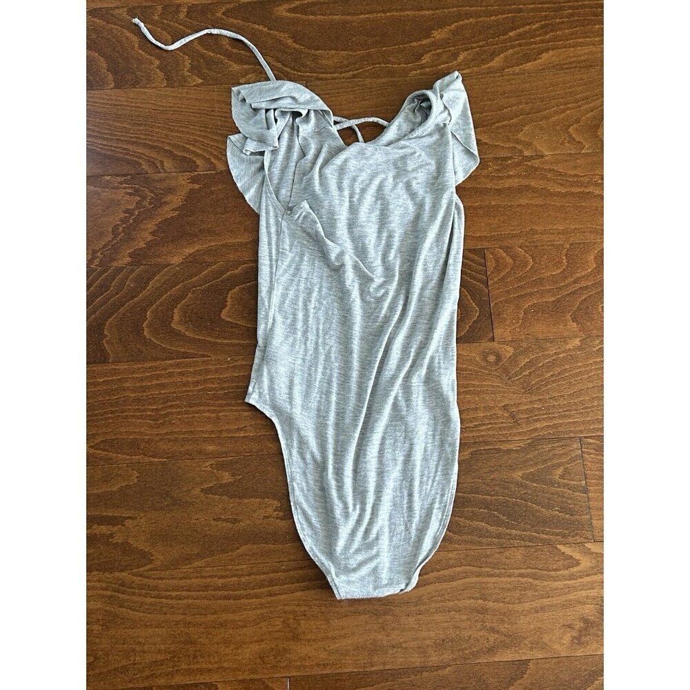 Aerie Womens Soft Stretch Size M Heathered Gray Flutter‎ Sleeve Bodysuit Ruffles - Picture 8 of 8